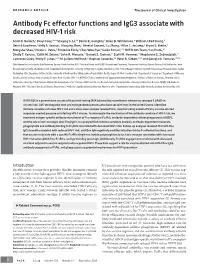 Antibody Fc Effector Functions and Igg3 Associate with Decreased HIV-1 Risk