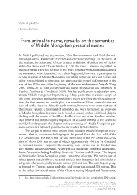 From Animal to Name, Remarks on the Semantics of Middle Mongolian Personal Names