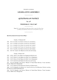 Legislative Assembly Questions on Notice