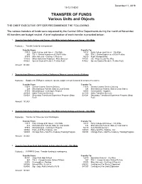 TRANSFER of FUNDS Various Units and Objects
