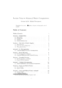 Lecture Notes in Advanced Matrix Computations
