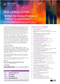 2020 LUCINDA LECTURE 'Whither the Implied Freedom of Political