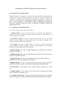 Introduction to Machine Design and Its Classifications