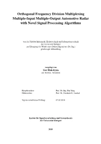 Orthogonal Frequency Division Multiplexing Multiple-Input Multiple-Output Automotive Radar with Novel Signal Processing Algorithms