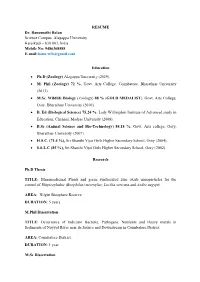 RESUME Dr. Banumathi Balan Science Campus, Alagappa University Karaikudi – 630 003, India Mobile No: 9486368588 E-Mail:Banu.Wlb@Gmail.Com