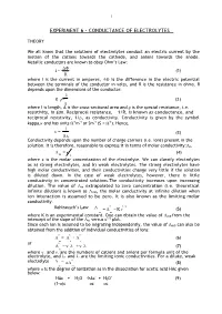 Experiment 6 - Conductance of Electrolytes