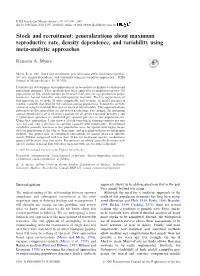 Stock and Recruitment: Generalizations About Maximum Reproductive Rate, Density Dependence, and Variability Using Meta-Analytic Approaches
