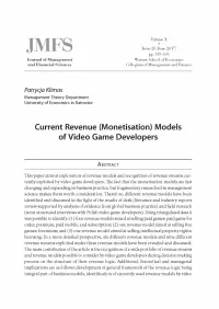 Current Revenue (Monetisation) Models of Video Gamę Developers
