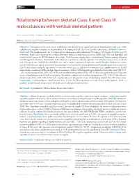 Relationship Between Skeletal Class II and Class III Malocclusions with Vertical Skeletal Pattern