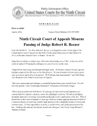 Ninth Circuit Court of Appeals Mourns Passing of Judge Robert R. Beezer