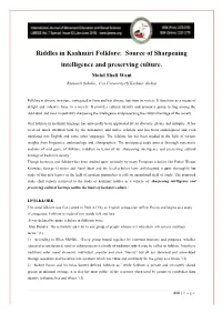 Riddles in Kashmiri Folklore: Source of Sharpening Intelligence and Preserving Culture