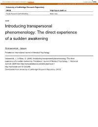 Introducing Transpersonal Phenomenology: the Direct Experience of a Sudden Awakening