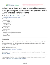 A Brief Transdiagnostic Psychological Intervention for Afghan Asylum Seekers and Refugees in Austria: a Randomized Controlled Trial