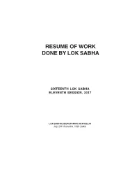 Resume of Work Done by Lok Sabha
