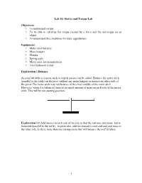 1 Lab 10: Statics and Torque Lab Objectives: • to Understand Torque