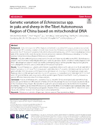 Genetic Variation of Echinococcus Spp. in Yaks and Sheep in the Tibet