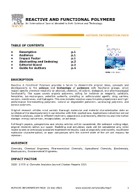 REACTIVE and FUNCTIONAL POLYMERS an International Journal Devoted to Their Science and Technology