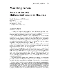 Modeling Forum Results of the 2002 Mathematical Contest in Modeling