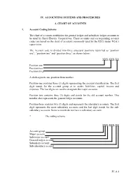 IV-A.1 IV. ACCOUNTING SYSTEMS and PROCEDURES A. CHART of ACCOUNTS 1. Account Coding Scheme the Chart of Accounts Establishes Th