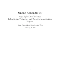Online Appendix Of: Rage Against the Machines: Labor-Saving Technology and Unrest in Industrializing England