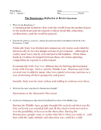 The Renaissance Reflection & Review Questions