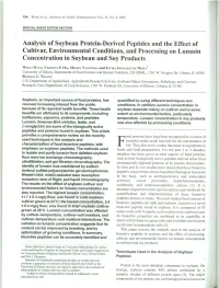 Analysis of Soybean Protein-Derived Peptides and the Effect of Cultivar, Environmental Conditions, and Processing on Lunasin Concentration in Soybean and Soy Products