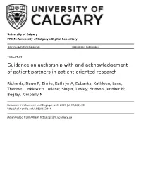 Guidance on Authorship with and Acknowledgement of Patient Partners in Patient-Oriented Research