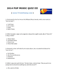 2014 Pop Music Quiz Iii