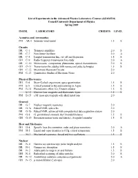 List of Experiments in the Advanced Physics Laboratory Courses (4410/6510) Cornell University Department of Physics Spring 2009