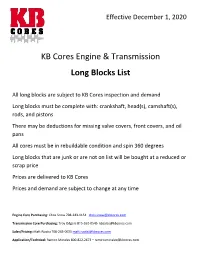 KB Cores Engine & Transmission Long Blocks List