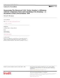 Walter Reuther's Affiliation with the Communist Party and Something of Its Meaning — a Document of Party Involvement, 1939 Victor G