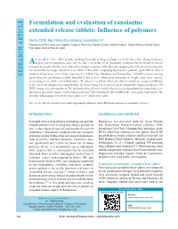 Formulation and Evaluation of Ranolazine Extended Release Tablets: Influence of Polymers
