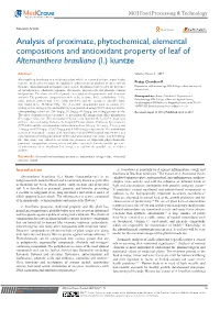 Analysis of Proximate, Phytochemical, Elemental Compositions and Antioxidant Property of Leaf of Alternanthera Brasiliana (L.) Kuntze