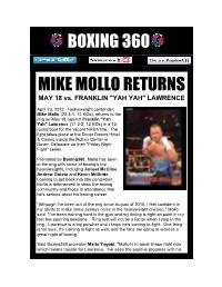 MIKE MOLLO RETURNS MAY 18 Vs