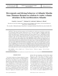 Movements and Diving Behavior of Atlantic Bluefin Tuna Thunnus Thynnus in Relation to Water Column Structure in the Northwestern Atlantic