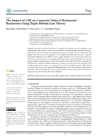 The Impact of CSR on Corporate Value of Restaurant Businesses Using Triple Bottom Line Theory