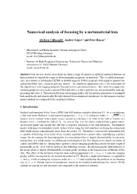 Numerical Analysis of Focusing by a Metamaterial Lens