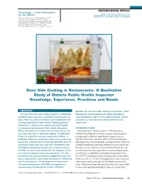 Sous Vide Cooking in Restaurants: a Qualitative Study of Ontario Public Health Inspector Knowledge, Experience, Practices and Needs