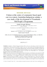 Culture at the Centre of Community Based Aged Care in a Remote Australian Indigenous Setting: a Case Study of the Development of Yuendumu Old People’S Programme