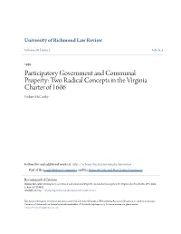 Two Radical Concepts in the Virginia Charter of 1606 Finbarr Mccarthy