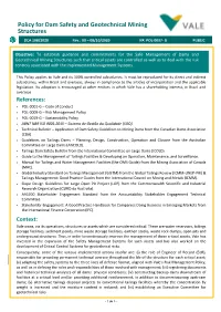 Policy for Dam Safety and Geotechnical Mining Structures