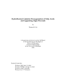 Hydrothermal Catalytic Deoxygenation of Fatty Acids and Upgrading Algae Biocrude