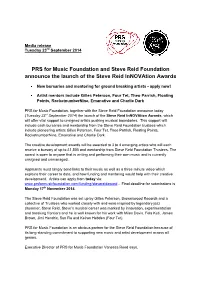 PRS for Music Foundation and Steve Reid Foundation Announce the Launch of the Steve Reid Innovation Awards