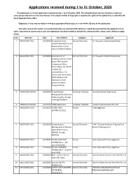 Applications Received During 1 to 31 October, 2020