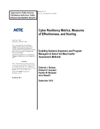 Cyber Resiliency Metrics, Measures of Effectiveness, and Scoring