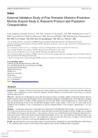 External Validation Study of First Trimester Obstetric Prediction Models (Expect Study I): Research Protocol and Population Characteristics