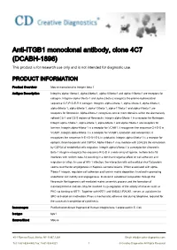 Anti-ITGB1 Monoclonal Antibody, Clone 4C7 (DCABH-1896) This Product Is for Research Use Only and Is Not Intended for Diagnostic Use