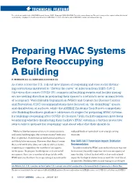Preparing HVAC Systems Before Reoccupying a Building by JOHN MCCARTHY, SC.D., C.I.H., MEMBER ASHRAE; KEVIN COGHLAN, C.I.H