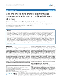 GIW and Incob, Two Premier Bioinformatics Conferences in Asia
