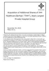 Acquisition of Additional Shares of IHH Healthcare Berhad（”IHH